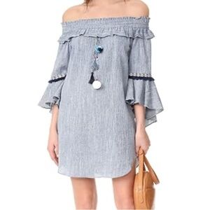 Boston Proper Off-Shoulder Mini Dress XXS Chambray Blue with Tassels